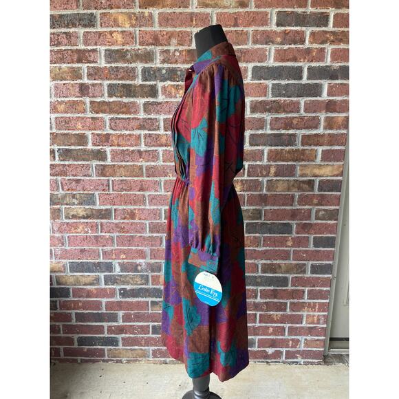 NWT Vintage fall dress - Leslie Fay - leaves - shirt dress - midi - 70s - size S - Picture 10 of 11